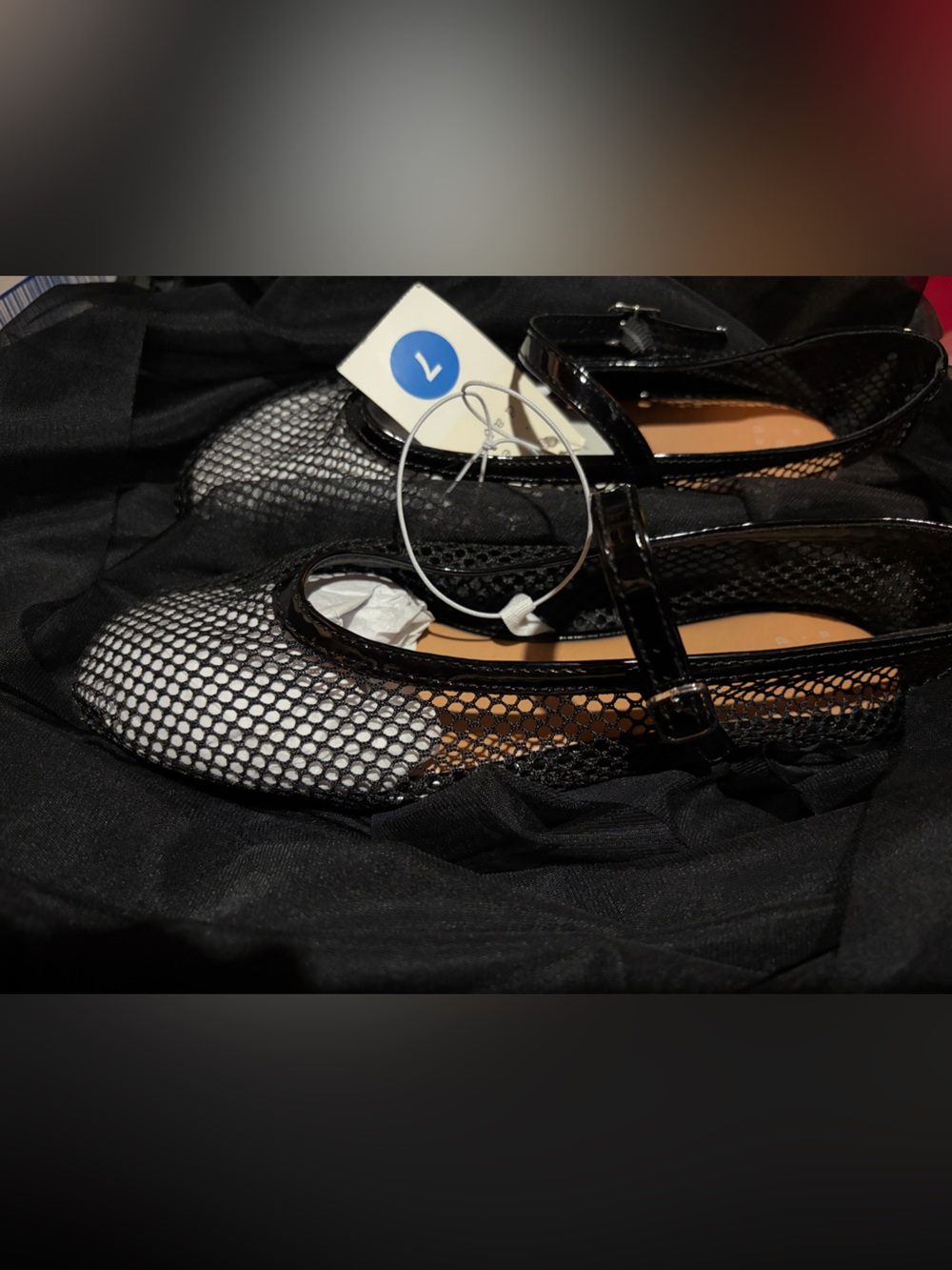 a new day Black Mesh T-Strap Flats with Patent Trim